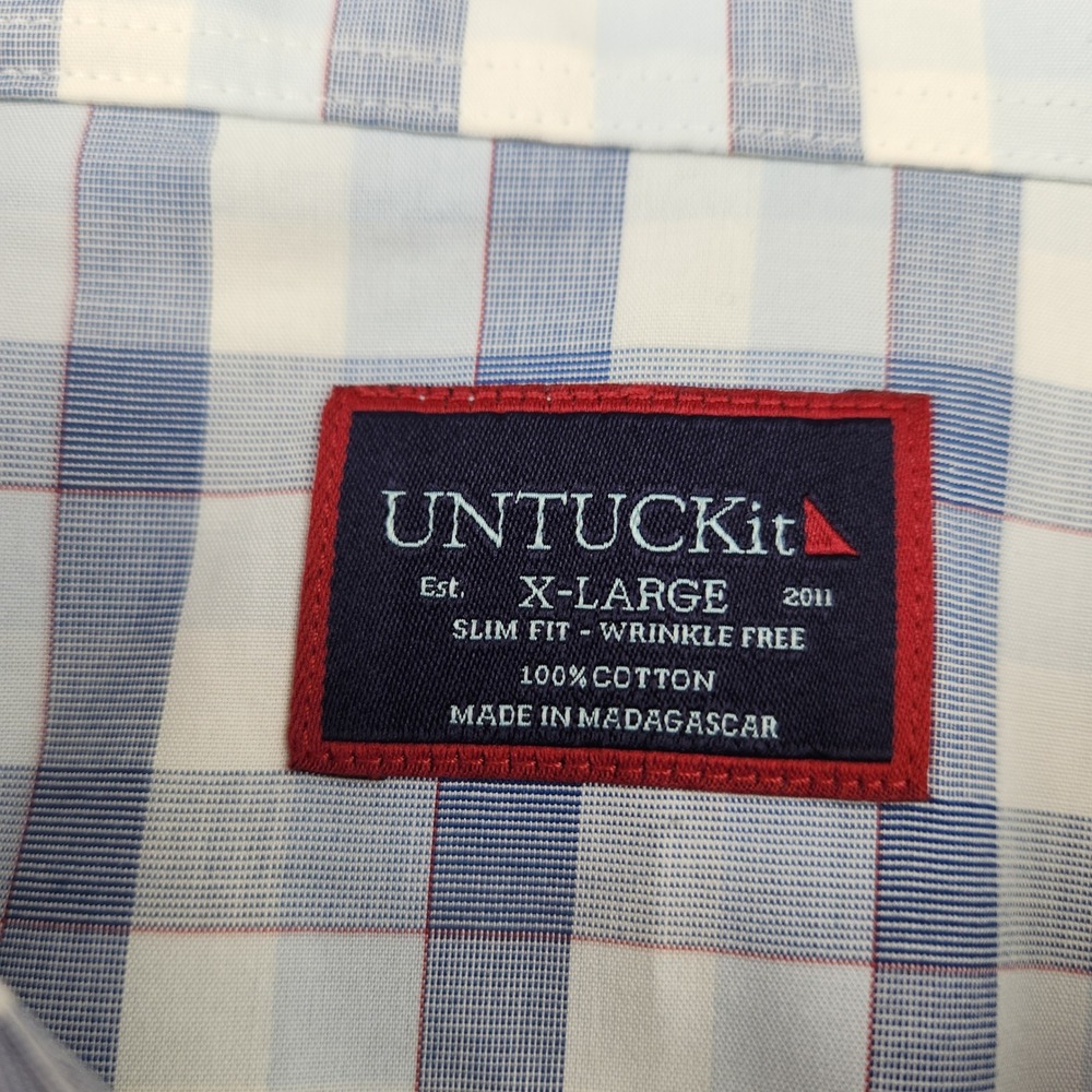 Untuckit Mens XL Slim Fit Wrinkle Free Blue White Plaid Cotton Button Down Shirt - Picture 2 of 5